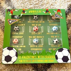 ❤️⚽️Jubillie Press 12 VALENTINES WITH SOCCER ERASERS - post is for one box.